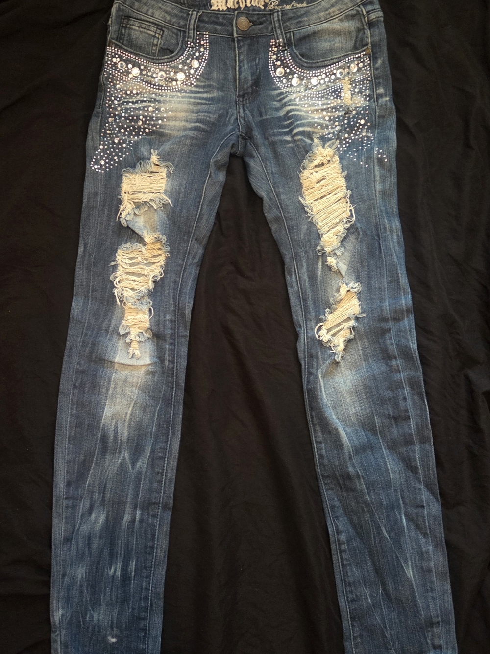 Machine Rhinestone Distressed Skinny Jeans - Picture 2 of 9
